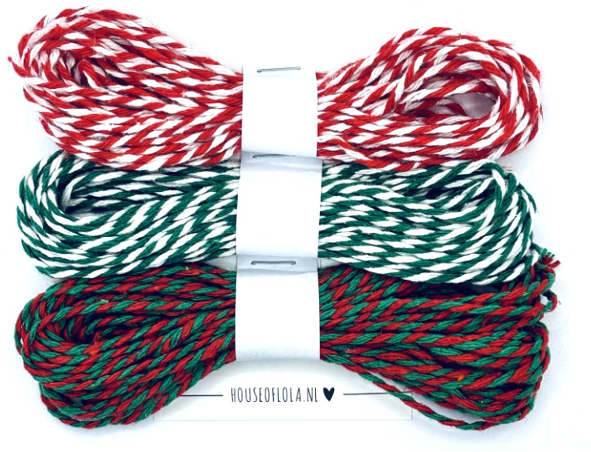 3 kleuren Bakkerstouw / Touw / Koord | 3 x 5 meter | 100% katoen | 3 mm | rood-wit / rood-groen / groen-wit